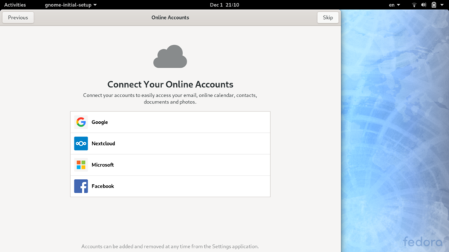Gnome Initial Setup - Online Accounts