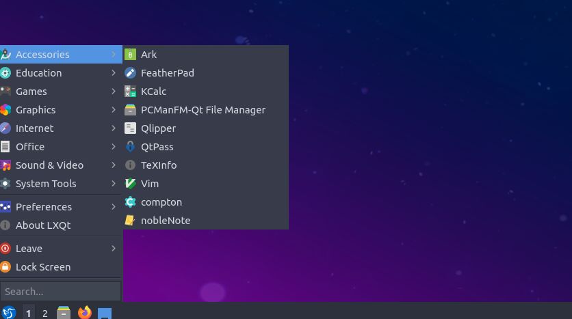 Application Menu filled with various light Qt-based applications